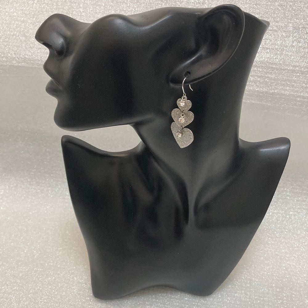 NWOT - Triple Heart Shiny Brushed Silver and Crystal Hanging Drop Earrings